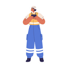 Construction worker, surveying device for remote control, inspection. Engineer, surveyor with professional surveying equipment at building site. Flat vector illustration isolated on white background