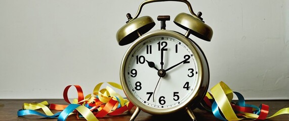 A vintage alarm clock surrounded by party poppers and colorful streamers