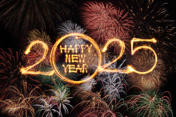 Happy new year 2025 text written with Sparkle fireworks isolated on black background