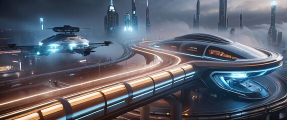 An AIdriven transportation hub with futuristic trains drones and vehicles interacting seamlessly