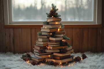 Rustic Christmas Book Tree with Pinecones and String Lights in Cozy Setting