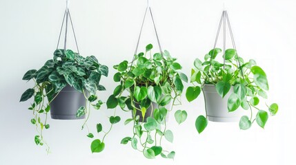 Lush Greenery, three vibrant indoor vines cascading elegantly, enhancing a cozy living space with their rich textures and lively hues, creating a refreshing atmosphere.