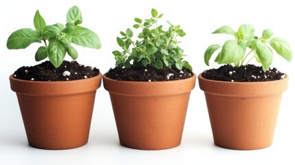 Fototapeta premium Herb garden trio, vibrant green pots of basil, rosemary, and thyme arranged on a wooden table, perfect for culinary inspiration and home gardening enthusiasts