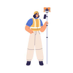 Surveyor at construction site with land measurement pole and surveying equipment. Engineer worker, fieldwork with professional tool for mapping. Flat vector illustration isolated on white background