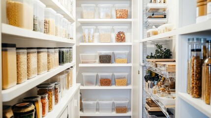 Organized pantry shelves with labeled food containers.