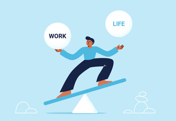 A young man balances between work and life balls. Work-life balance concept. Flat vector illustration on a colorful background.
