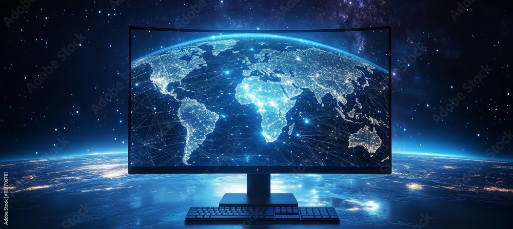 Poster Earth world map on computer screen. Global internet network telecom and communication. Generative AI technology.