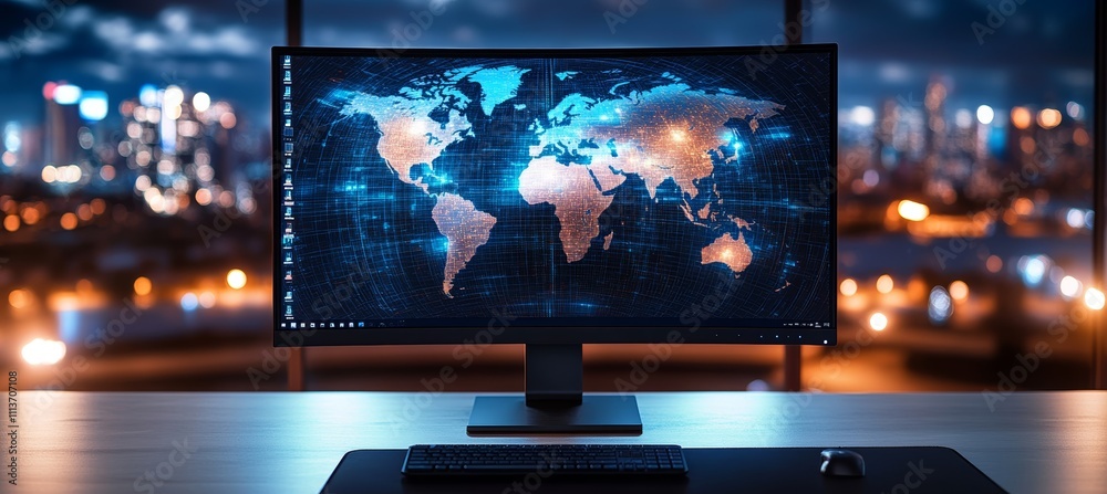 Poster World map on monitor screen. Global internet network telecom and communication. Generative AI technology.