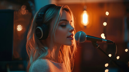 Blonde female singer performing passionately in studio with microphone