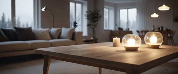 Light pine table with a blurred view of a Scandinavianstyle living room with neutral tones