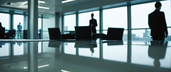 Lowangle shot of a sleek glass surface capturing faint reflections with a blurred hightech workspace behind