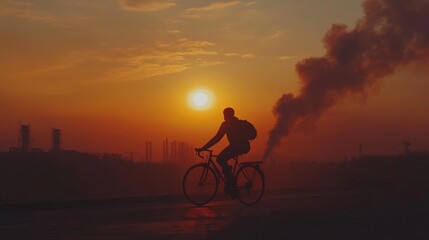 Obraz premium Silhouette of cyclist at sunset near industrial complex.