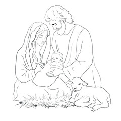 Vector freehand Christmas line art scene is an artistic depiction of the Nativity of Christ, including Mary, Joseph and the baby Jesus, highlighted on a white background. Hand drawn of linear style
