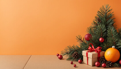 Christmas orange background with christmas tree and decorations, Ai generated images