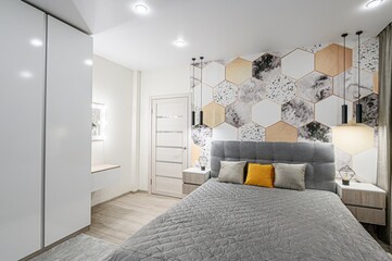 interior room apartment bedroom with bed, cozy place to sleep and relax