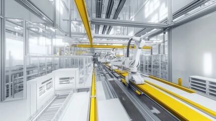 Fototapeta premium Modern automated factory assembly line with robotic arms and conveyor belts.