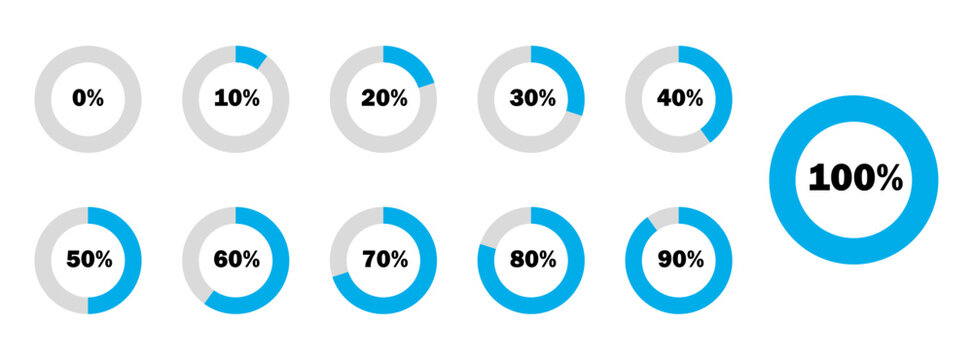 Circle percentage indicator vector icon set in blue and black color. Process bar. Download process from 0 to 100 percent vector illustration on white background.