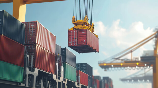 Cargo crane lifting shipping containers at a busy port terminal