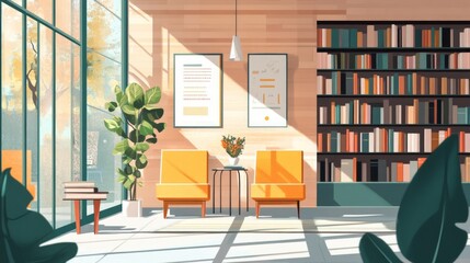 Obraz premium Modern bookstore interior, spacious design with expansive windows, bright ambiance, shelves filled with diverse books, inviting atmosphere for readers to discover literary treasures