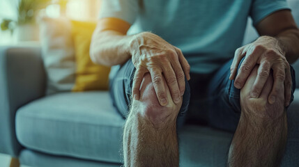 Man experiencing knee pain while sitting on a sofa at home
