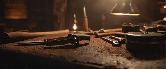 Obraz premium Worn leather surface with a blurred vintage workshop featuring tools and wood shavings