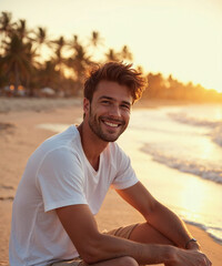Handsome Man Sitting on the Beach Smiling by the Sea Sunset and Sunrise Over the Ocean