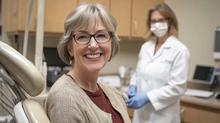 Fototapeta premium Senior woman smiling at dental office with dentist in background