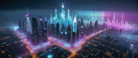 Obraz premium A cityscape illuminated with AIinspired holographic projections and futuristic designs
