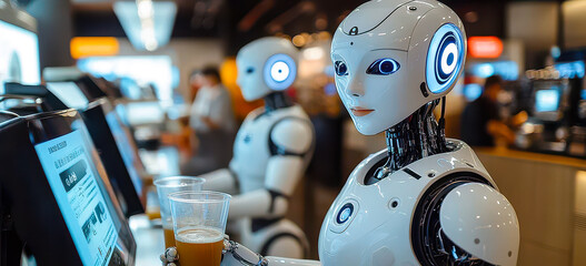 Robots Crafting Customized Drinks in High-Tech Futuristic Cafe Setting
