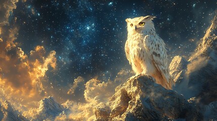 A fantastical griffin-owl blend with piercing eyes and a powerful lion's body, perched on a rocky cliff under a starry sky