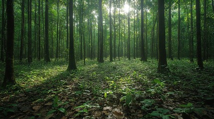 Obraz premium Sunbeams illuminate a dense, lush forest floor with tall trees casting shadows.