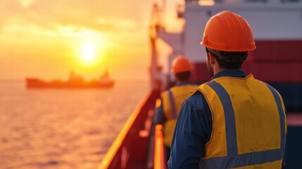 Two workers in safety gear observe a stunning sunset over the ocean, with a cargo ship sailing in the distance.