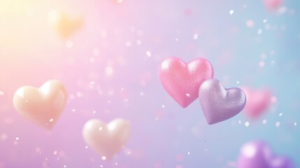 Soft pastel gradient with 3D floating hearts and scattered glitter for romantic text placement
