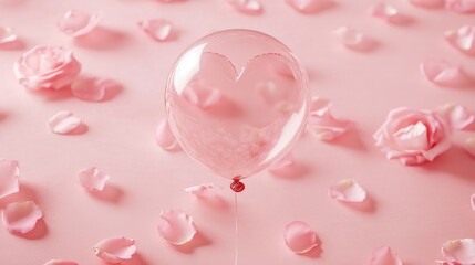 Soft pink background with scattered rose petals and a heart-shaped balloon in the center, leaving copy space for text