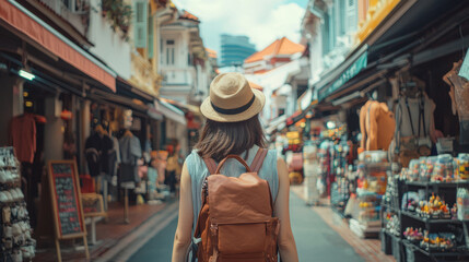 Obraz premium Young woman exploring vibrant market street with backpack