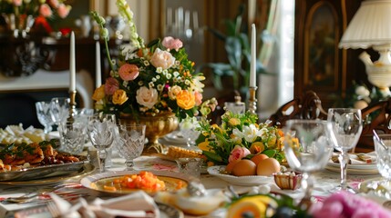 Fototapeta premium Elegant Spring Table with Flowers and Festive Dishes