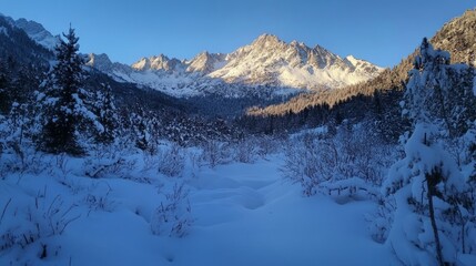 Snowy mountain valley at dawn.  Frozen forest with high peaks.  Winter wonderland scene.  