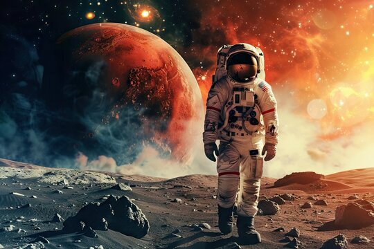 Spaceman walks on the red planet Mars. Space Mission. Astronaut travel in space