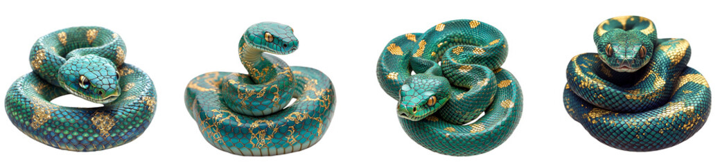 Obraz premium vibrant green and gold snakes coiled and posing realistic animals transparent background