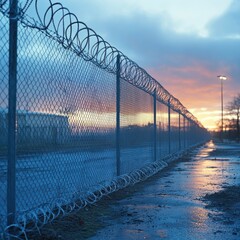 A chain-link fence with barbed wire at sunset, reflecting on a wet surface.