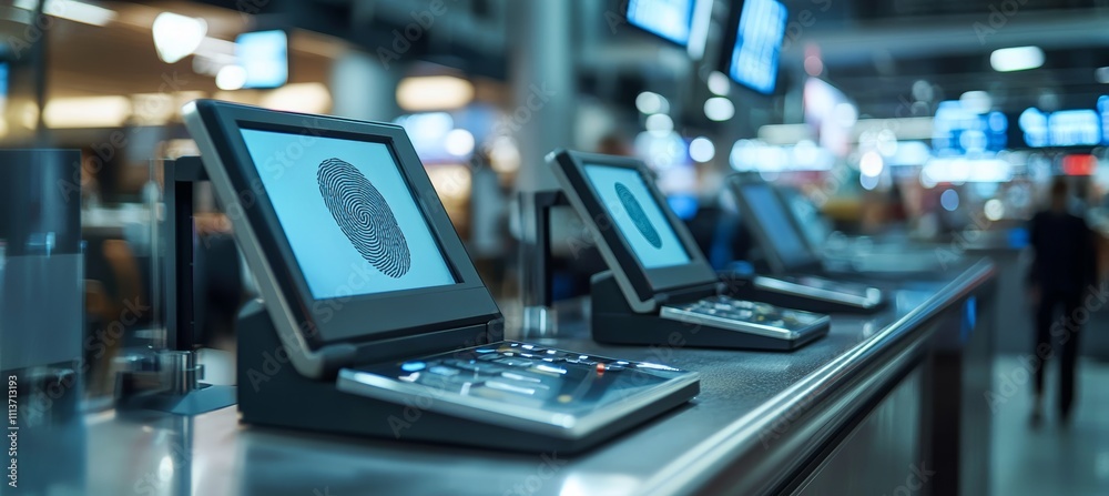 Poster Finger print computer system on public. Internet security biometric human identification. Generative AI technology.	
