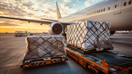 Air cargo logistics with containers being loaded onto airplane