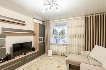 interior room apartment bedroom with bed, cozy place to sleep and relax