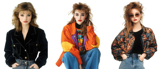 Fototapeta premium three fashionable young women displaying stylish outfits and accessories transparent background