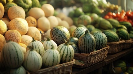 Summer Market Abundance: Melons and Watermelons in Rustic Baskets