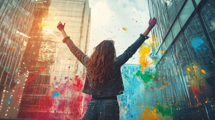 Woman in urban setting throwing colorful paint expressing freedom