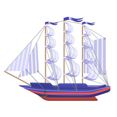 A ship with raised sails in blue tones, isolated on a white background.Vector illustration of marine transport.