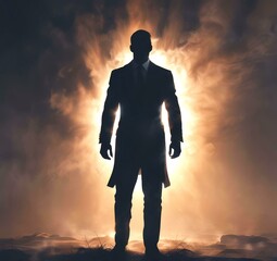 Obraz premium Illustration of man in suit silhouette with dramtaic background.