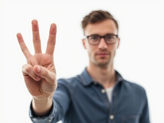 Young Man Showing Three Fingers in a Casual Setting With a Neutral Background During Daylight Hours