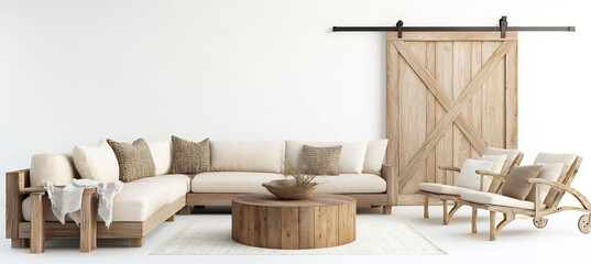Cozy farmhouse living room featuring a wooden sectional sofa two lounge chairs a round wooden coffee table and a fullsize wooden barn door all designed on a white background